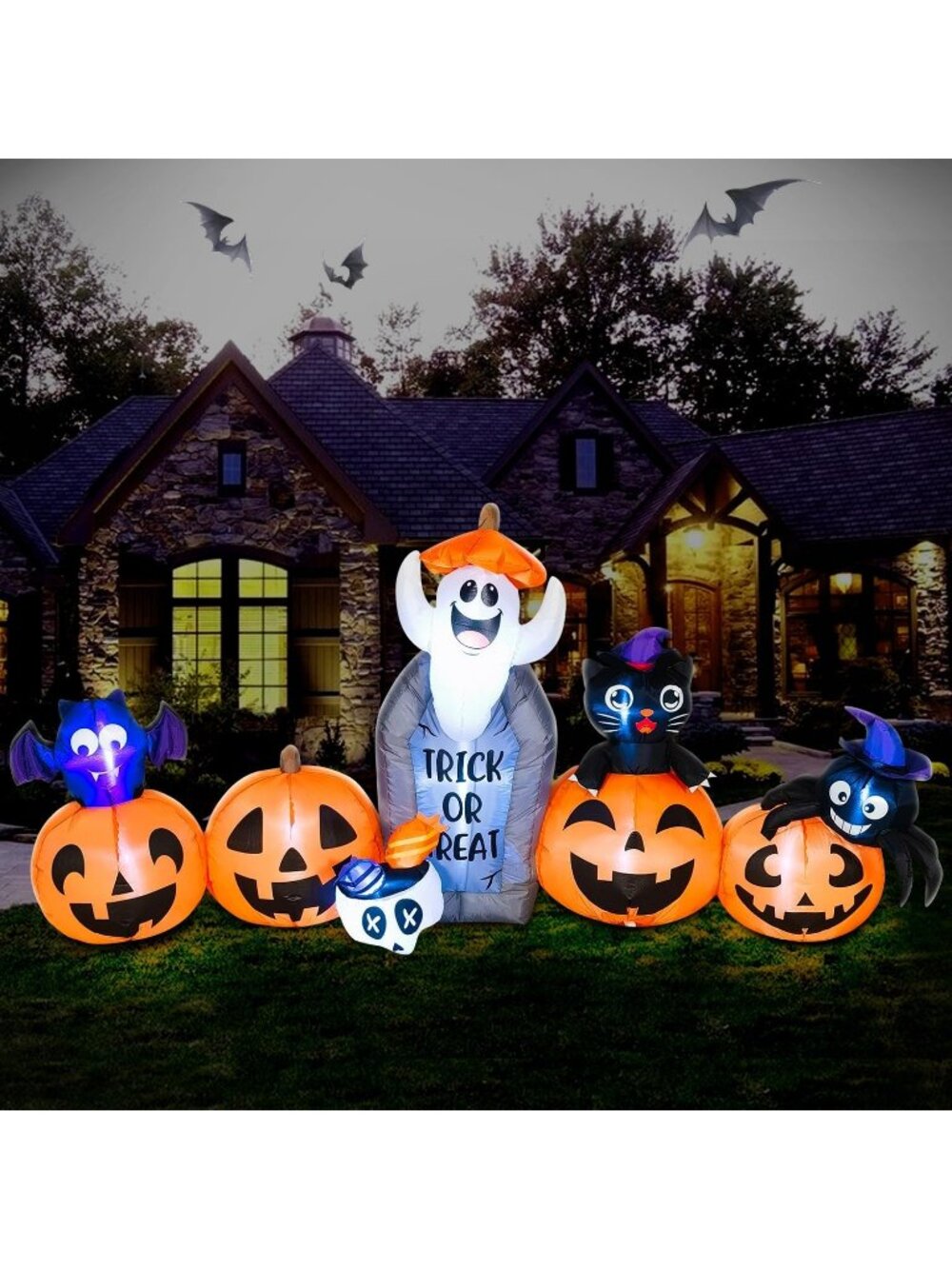 🎃 8FT Halloween Inflatable Blow Up Pumpkins with Tombstone Ghost Cat Bat Spider